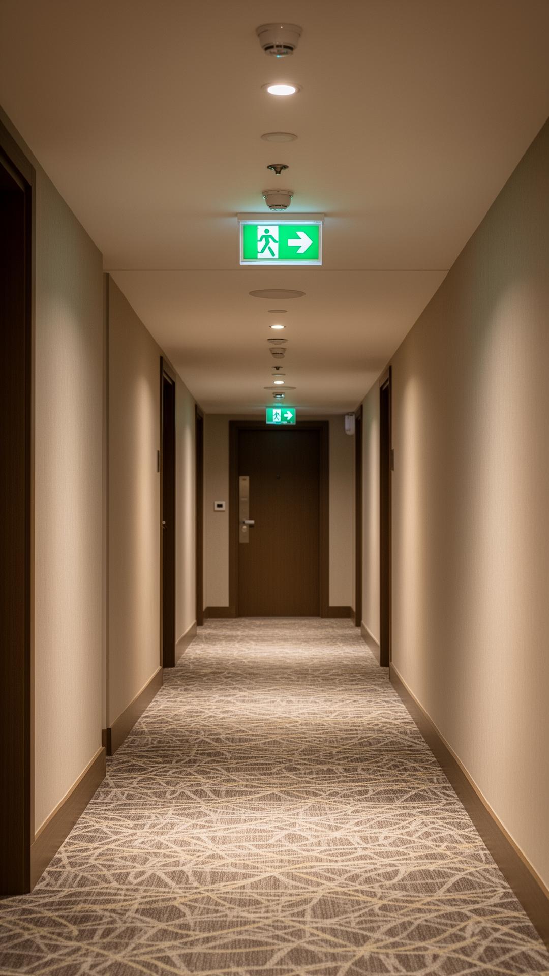 Hotel corridor with certified fire doors and emergency lighting