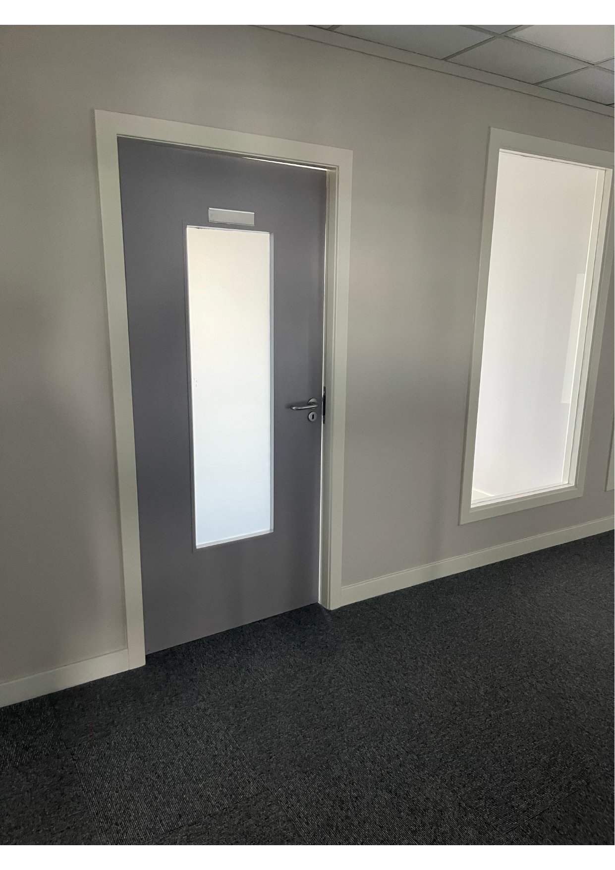 Modern glazed fire door in a commercial office environment