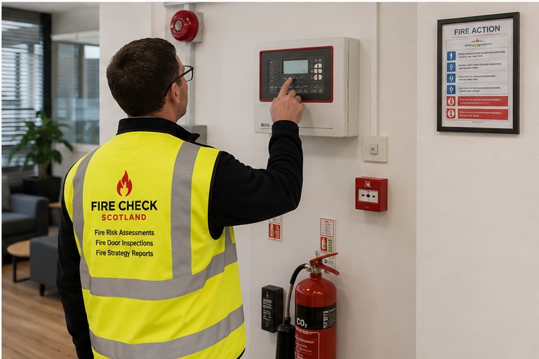 Fire alarm panel being reviewed during a fire safety inspection