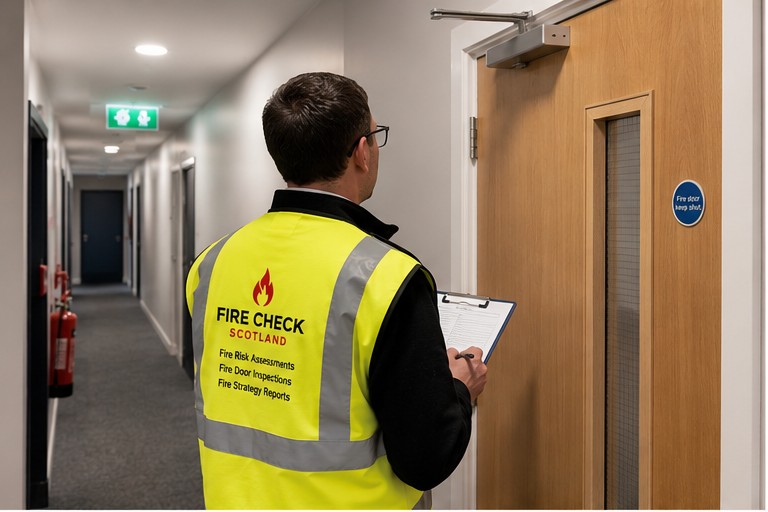 Fire Check Scotland assessor recording fire door findings on a clipboard in a residential corridor
