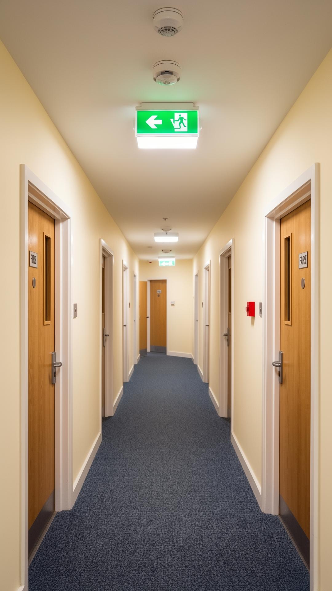 HMO communal corridor lined with fire doors leading to flats — typical fire door inspection environment