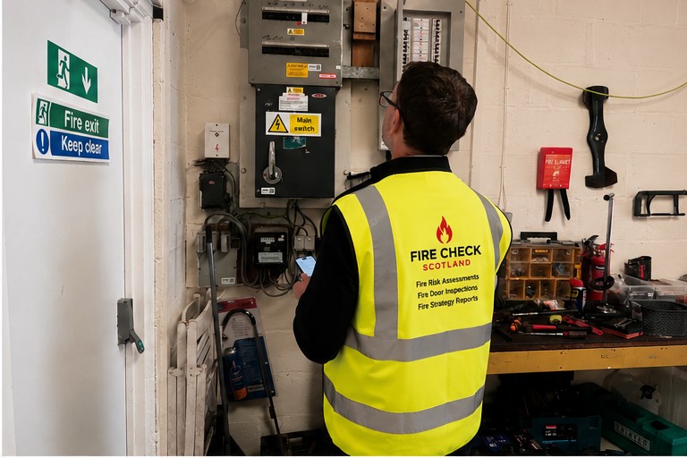 Fire Check Scotland assessor inspecting an electrical distribution board on site
