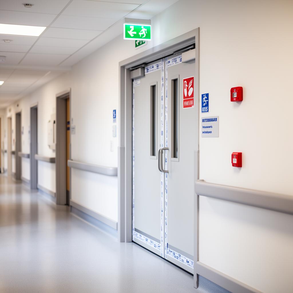 NHS healthcare corridor with certified fire door, emergency exit signage and red call point